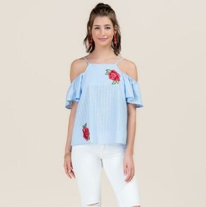 Oxford Blue Cold Shoulder Rose Patch Poplin Top